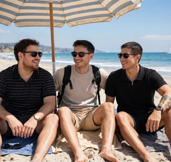 Carlos y amigos en la playa posando estilo salvavidas