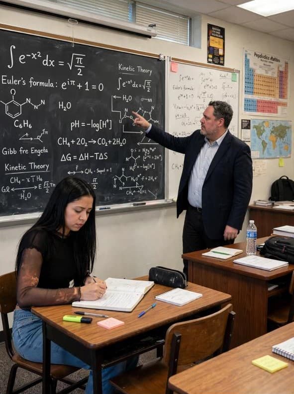 Carlos explicando física cuántica en el pizarrón